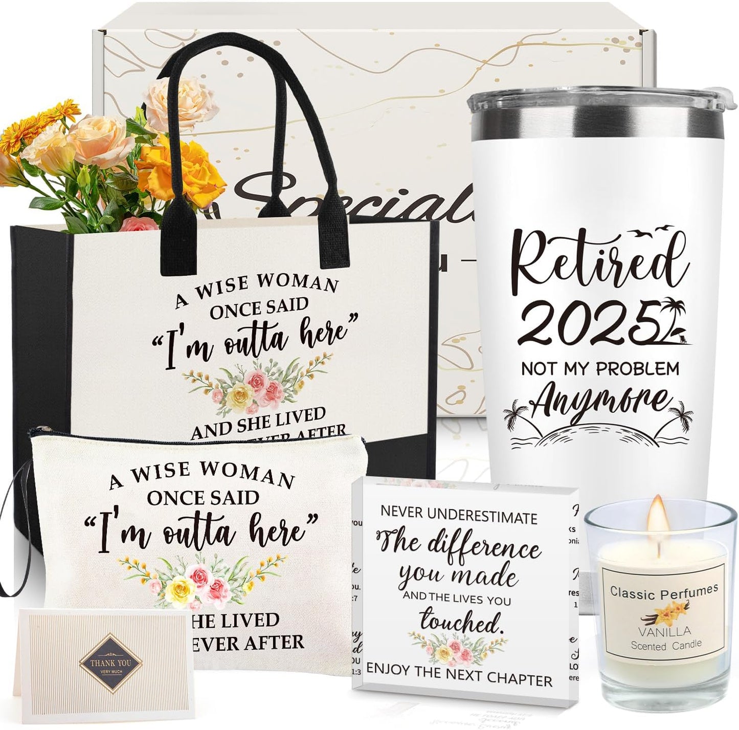 Retirement Gifts for Women 2025, Happy Retirement Gifts for Coworker Teacher Nurse Boss Friend Mom Grandma Retirees Retired Christmas Gift for Women with 20Oz Tumbler Canvas Tote Bag Acrylic Decor