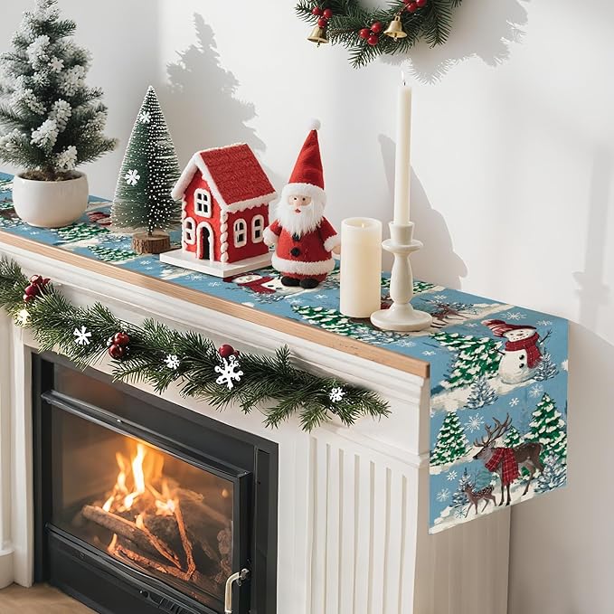 Artscope Reindeer Snowman Christmas Tree Table Runner, Xmas Winter Snowflakes Holiday Kitchen Dining Table Decoration for Christmas Home Party Decor 13x120 Inch-Light Blue