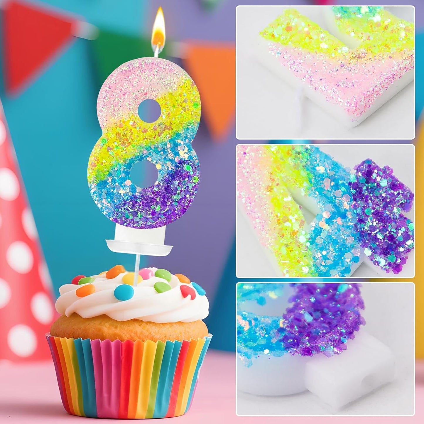 Birthday Candles Pastel Macaron Glitter 3D Rainbow Number Candles for Birthday Cake Girls Women Sweet Theme Birthday Wedding Anniversary Party Cake Decoration (Number 8)