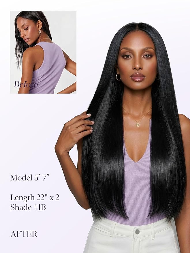 LUVME Clip in Hair Extensions Silky Straight, Seamless 2 Pack 7PCS 100g, 20 Inch Real Human Hair, Natural Black, Thick Volume for Women Daily Wear & Party