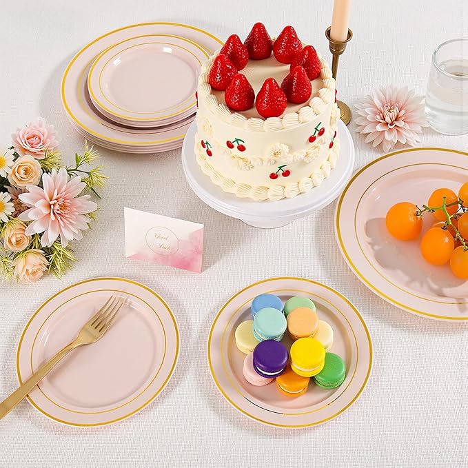100Pcs Pink Plastic Dessert Plates, Disposable Salad Plate with Gold Rim, Premium Hard Fancy Small Plates, Heavy Duty Plastic Cakes Plates for Party, Wedding&Birthday&Valentine's Day