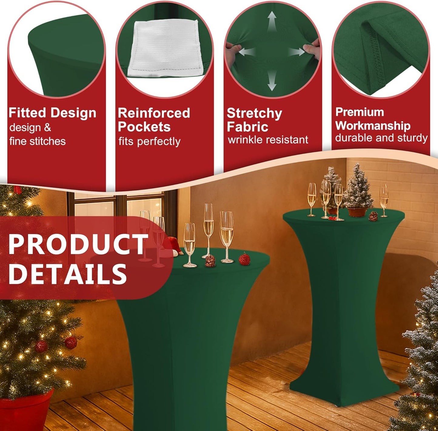Cocktail Table Covers-Spandex Round High Top Table Cloths 6 Pack 32x43 Inch-Hunter Green Stretch Fitted Bar Tall Tablecloth for Pub Bistro Highboy Party Event Banquet Height Satnding Tables
