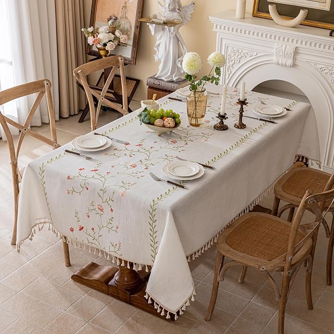 Joyfol Day Linen Waterproof Tablecloth with Tassels, Rustic Farmhouse Flowers Embroidery Table Cloths for Rectangle Tables, Heavy Weight Spill-Proof Table Covers, Pink Florals, 55''x 102''