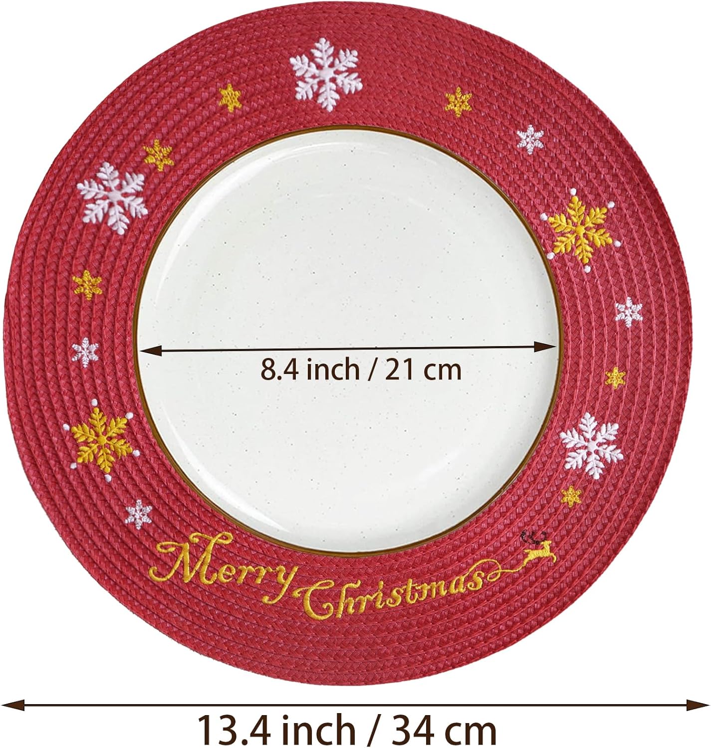 Christmas Placemats Set of 4 Round Placemats Christmas Red Embroidered Table Place mats, Christmas Decorations Holiday Snowflake Plates Chargers for Kitchen Dining Table Mats