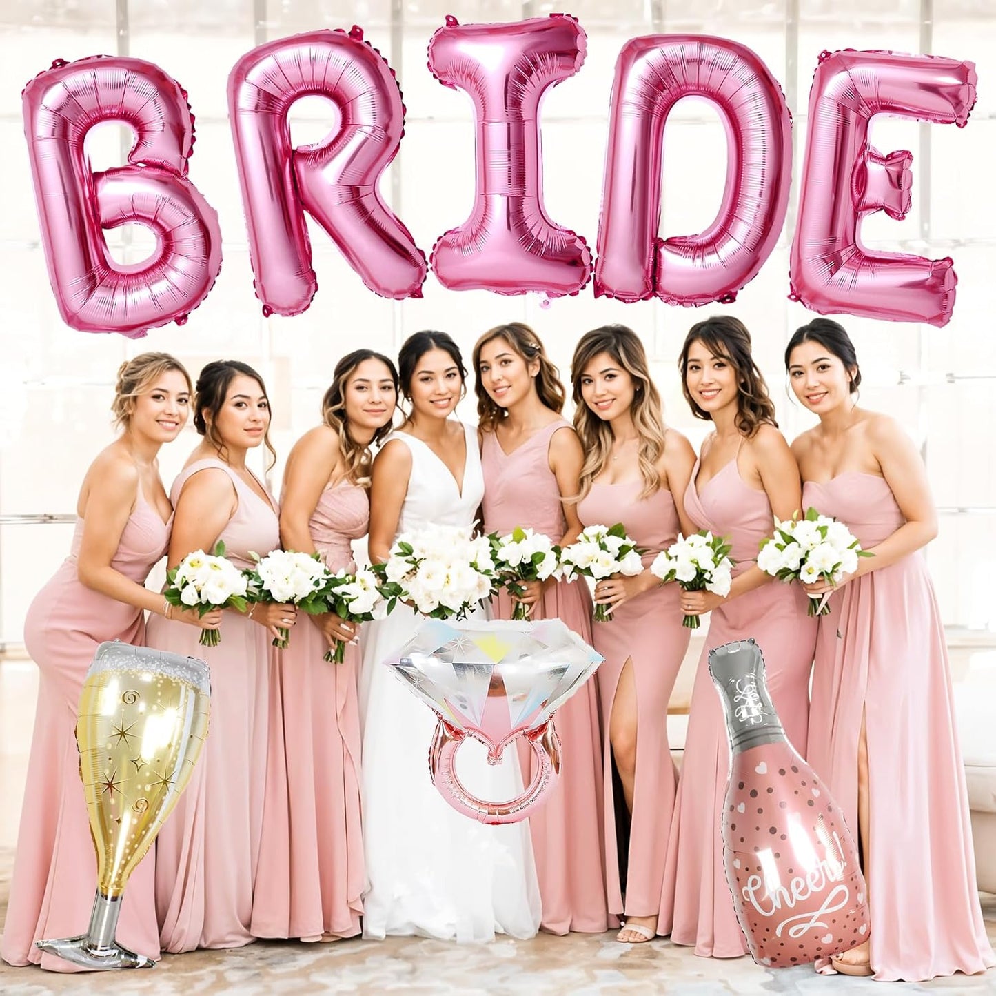 40inch Bride Balloons Pink Letters Banner, Bachelorette Party Decorations Set with Diamond Ring Champagne Bottle Balloon Glass Foil Balloon for Pink Bachelorette Engagement Wedding Bridal Shower Decor