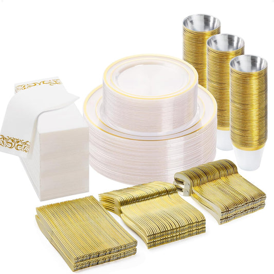 BESTVIP 350PCS Clear Gold Disposable Dinnerware Set for 50 Guests, Plastic Plates for Party, Wedding, Christmas, Halloween, Include: 100 Plastic Plates, 50 Gold Silverware, 50 Cups, 50 Napkins