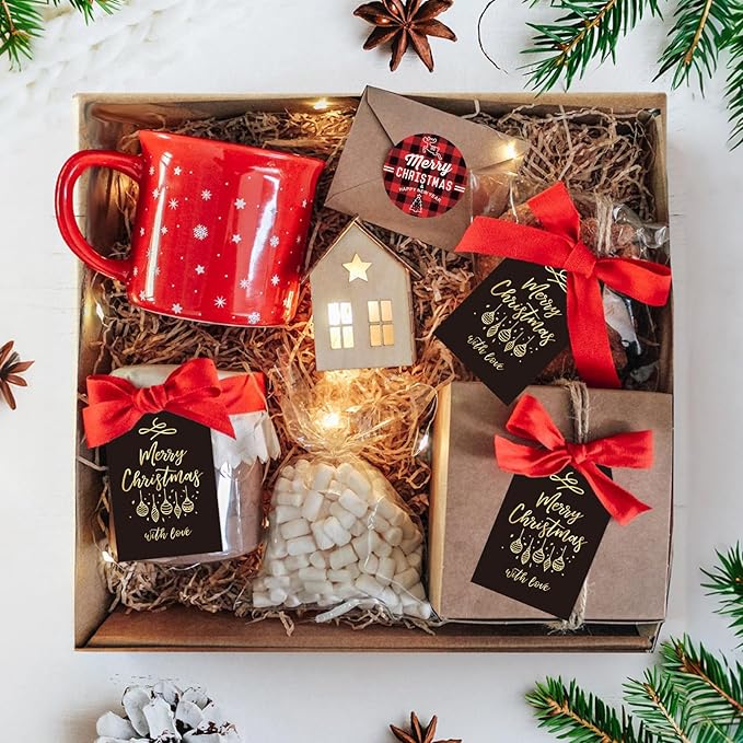 Anwyll Christmas Gift Tags with String - 50Pcs Gold and Black Merry Christmas with Love Tags for Gifts Xmas Gift Tag Happy Holidays Hang Paper Label Tag for Present Wrap Goodie Bag Holiday Party Favor