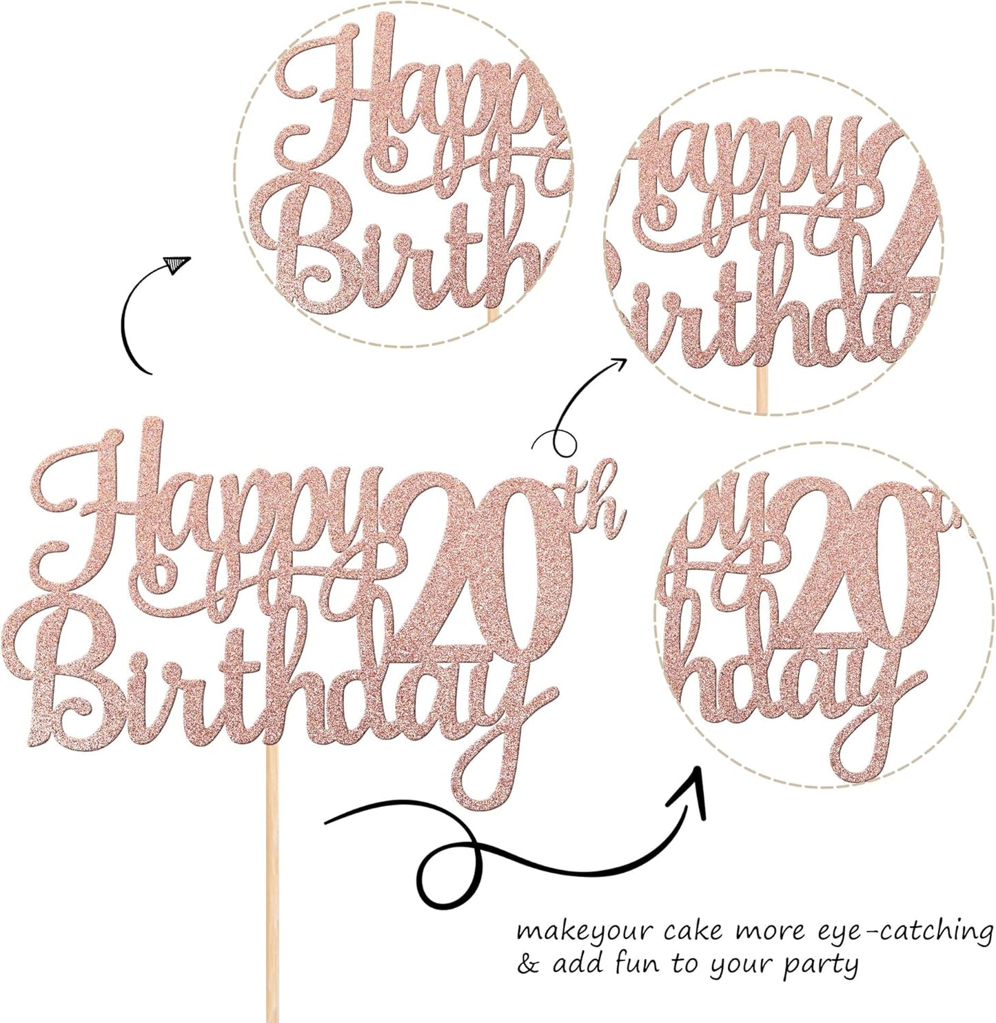 1 PCS Happy 20th Birthday Cake Topper Glitter Cheers to 20 Years Birthday Cake Pick Twenty 20 Fabulous Cake Decoration for Happy 20th Birthday Theme Party Decorations Supplies Rose Gold