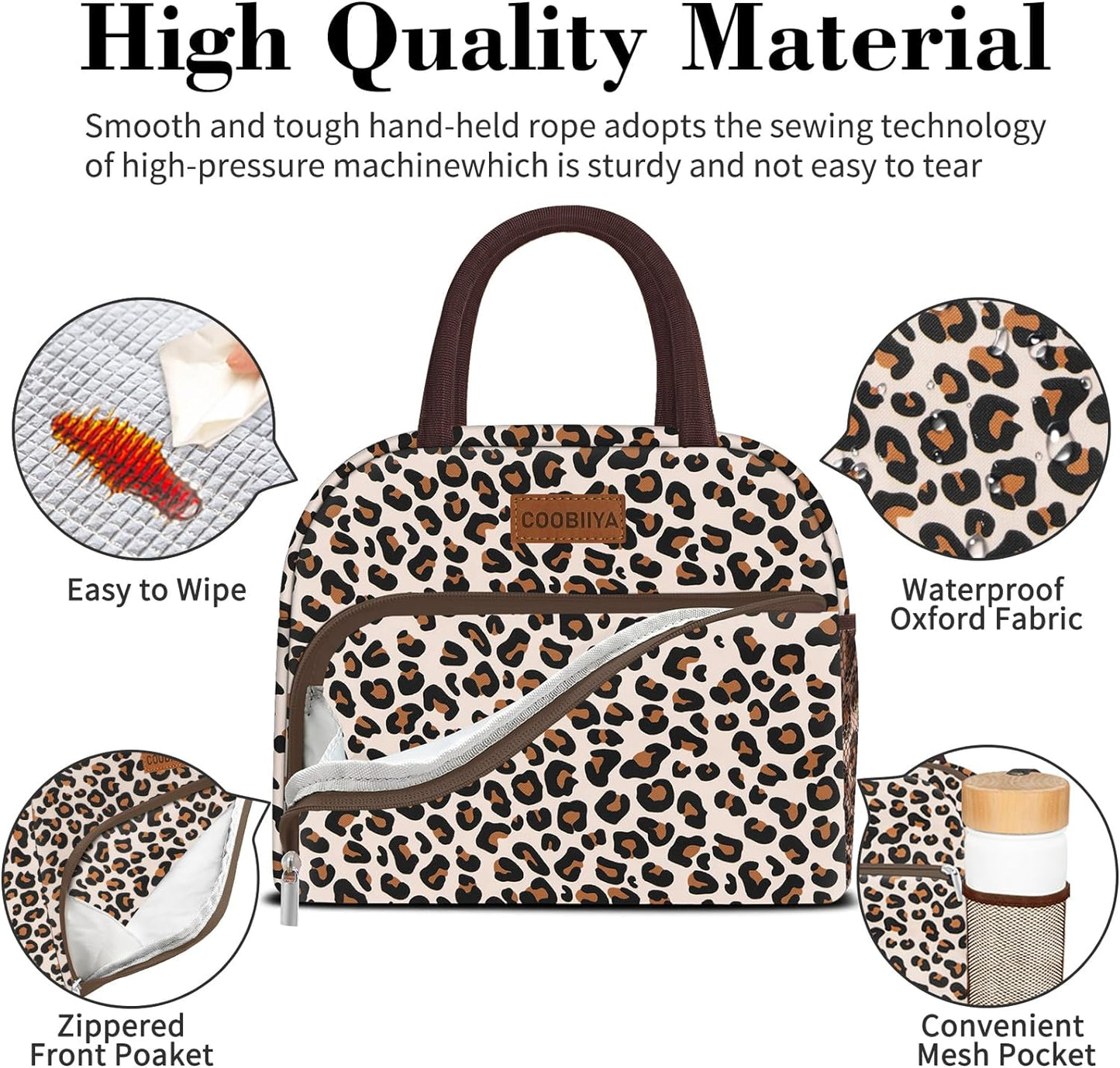 Coobiiya Lunch Bag box for Women, Small Cute Leakproof Lunch Pail Large Capacity Reusable Insulated Cooler Lunch Container for Work/Office/Picnic/Beach - leopard