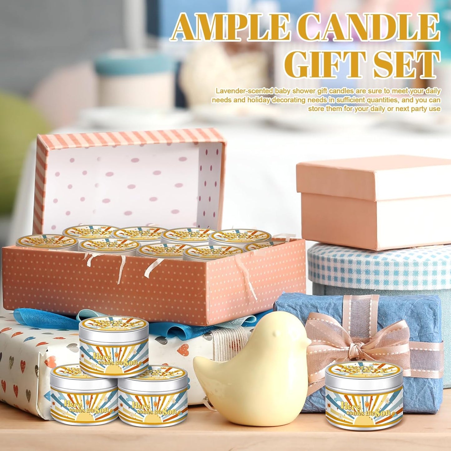 MTLEE 24 Pcs Here Comes The Son Baby Shower Party Favors Candles Lavender Scented Baby Shower Favors for Guests Rustic Tealights Candles Gender Reveal Return Gifts Girl Boy(1.2 Oz, Yellow)