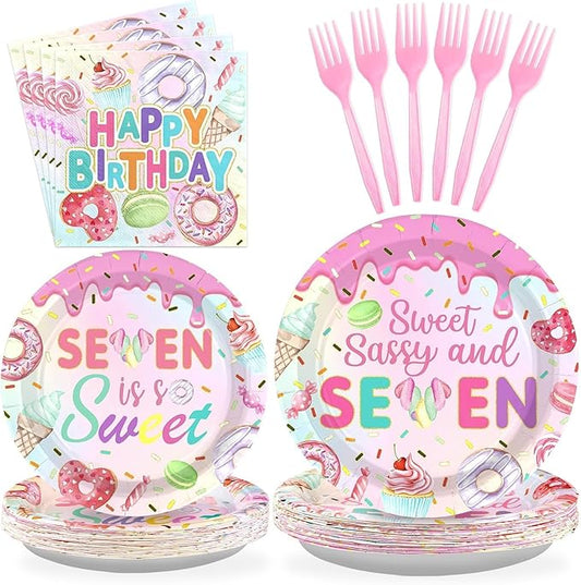 Grencian 96 Pcs Sweet Sassy and 7 Birthday Decorations Donut 7th Birthday Party Decorations for Girls Colorful Donut Plates and Napkins 7 Years Old Disposable Party Supplies Serves 24