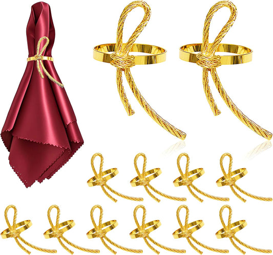 Gold Bow Napkin Rings Set of 12 Christmas Bow Tie Napkin Rings for New Year Valentine's Day Decor,Shiny Metal Bow Knot Napkin Ring Holders for Elegant Wedding Restaurants Home Table Setting