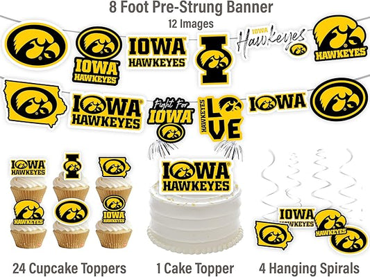Iowa Hawkeyes Party Supplies for Hawks Football, Birthday Gift, Graduation Party Banner and Cake Toppers (42 Pieces) (Iowa Hawkeyes)