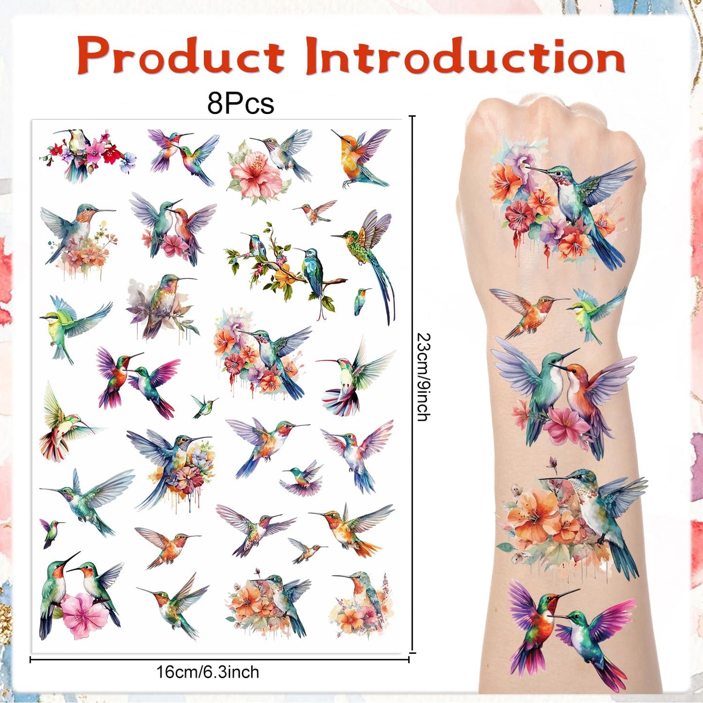 Watercolor Hummingbird Temporary Tattoos - 200+ Hummingbird Tattoos Temporary Realistic Hummer Birds Fake Tattoos Stickers for Adult Women Birds Themed Party Decorations Favors Supplies
