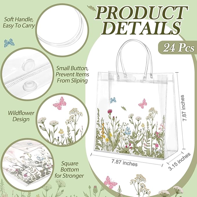 Kacctyen 24 Pcs Gift Bags for Party Favor Clear Goodie Bags with Handle 7.87 x 7.87 x 3.15 Return Gift Wrap Totes for Guests Treat Candy Wrapping(Vintage Wildflowers)