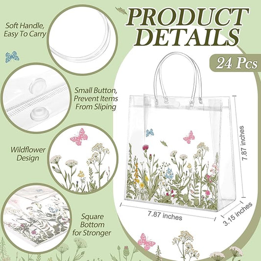 Kacctyen 24 Pcs Gift Bags for Party Favor Clear Goodie Bags with Handle 7.87 x 7.87 x 3.15 Return Gift Wrap Totes for Guests Treat Candy Wrapping(Vintage Wildflowers)