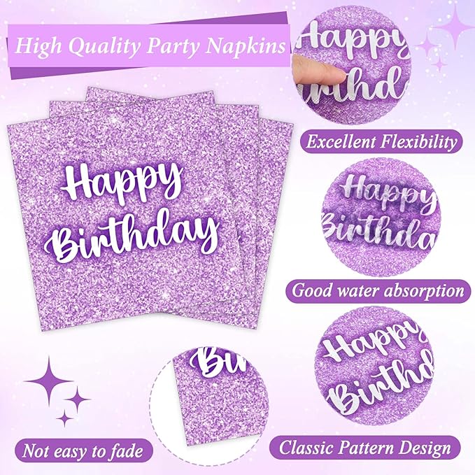 96PCS Purple Glitter Birthday Party Plates and Napkins Purple K-pop Tableware Party Paper Plates Glitter Disposable Dinnerware Parties Set for Girls Women Birthday Sprinkle Anniversary Decorations