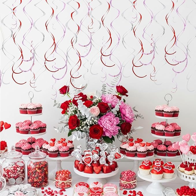 BEISHIDA Red Pink and Silver Hanging Swirls Party Decorations Plastic Streamer for Girl Birthday Hanging Ornament Decorations, Valentine Wedding Anniversary Party Supplies, Pack of 20