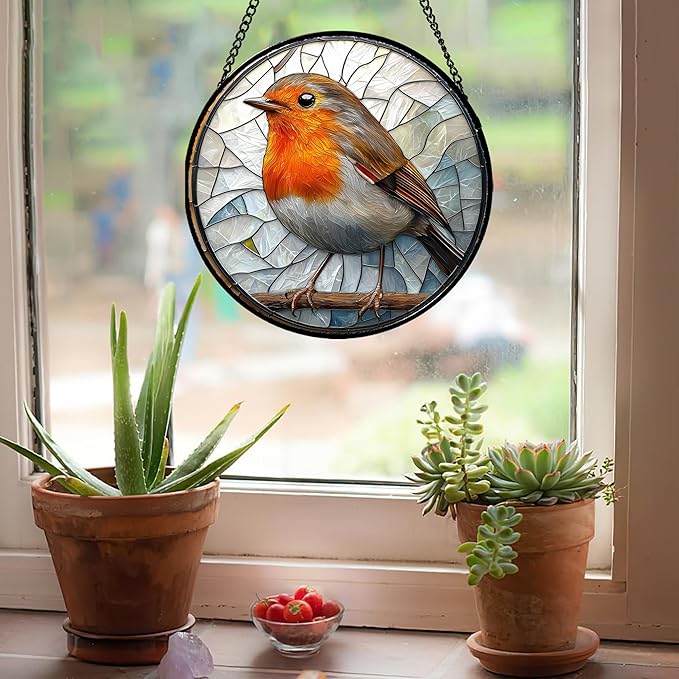 Stained Glass Window Hanging - Orange Grey Robin Sun Catcher for Door Garden Home Decor Bird Lovers Suncatcher Christmas Mother's Day Birthday Gifts for Women Men Mom Nana 15 in