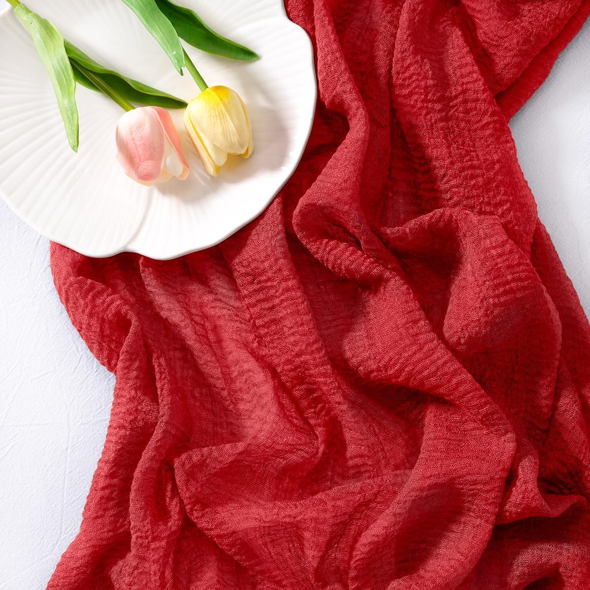 Socomi 3pcs Red Cheesecloth Table Runner Fall Thanksgiving Gauze 120 Inch Rustic Boho Cheese Cloth Runner for Wedding Party Baby Bridal Shower Centerpiece Decoration Holiday Home Decorations