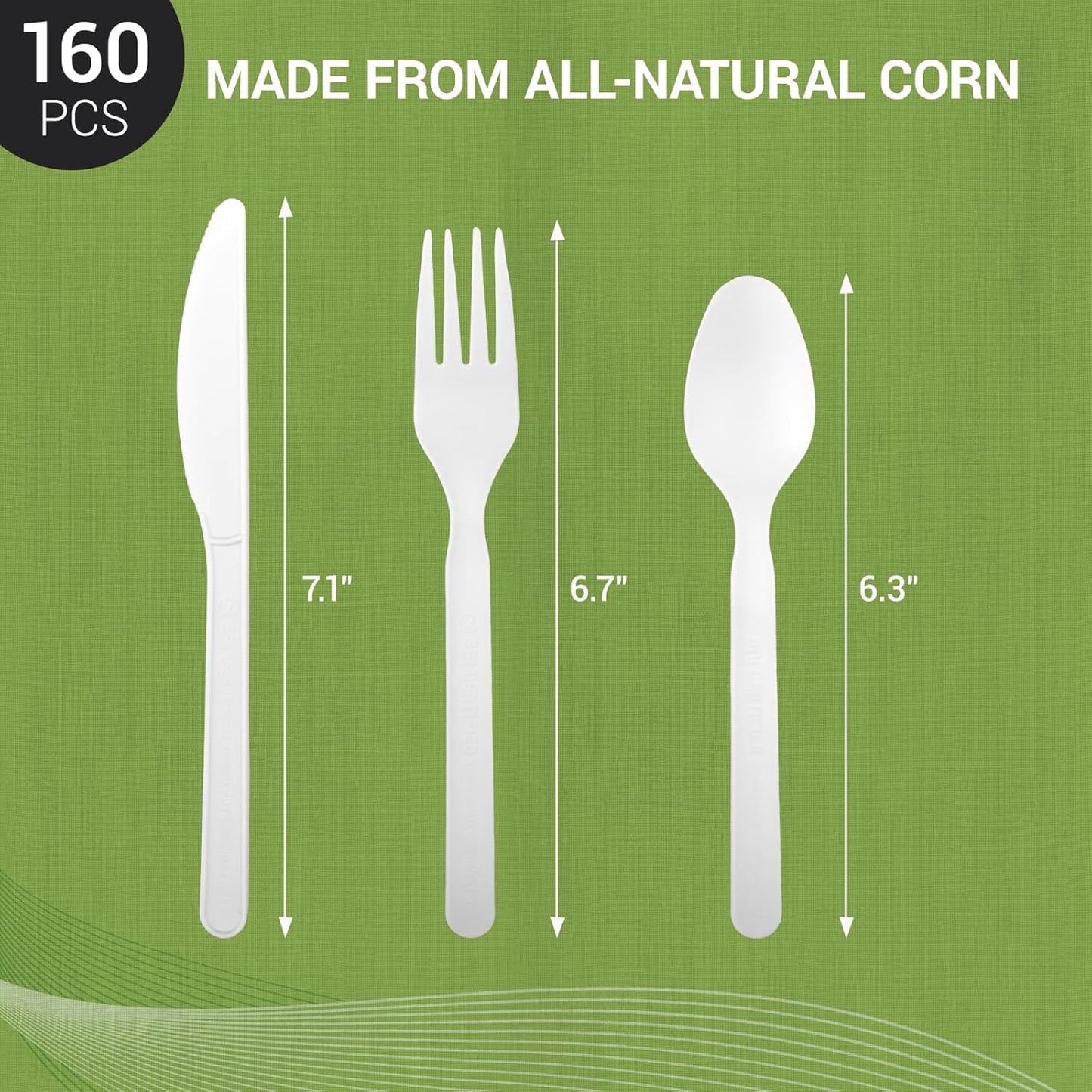 Disposable Cutlery Set - 160 Pcs BPI Certified Disposable Utensils with 60 Compostable Forks, 50 CPLA Spoons and 50 Disposable Knives, Eco-Friendly Compostable Cutlery for Thanksgiving Day & Daily