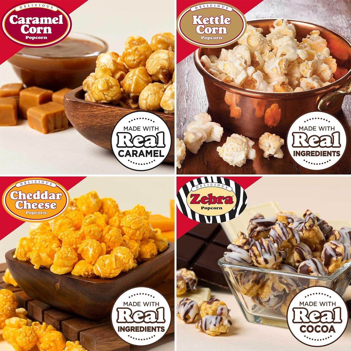 Popcornopolis Gourmet Popcorn Mini Cones Variety Pack (40-Count) –10 Each of Zebra, Cheddar Cheese, Caramel & Kettle Corn Popcorn, Great for Gifting, Parties & Snacks,