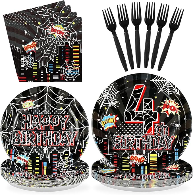 96 Pcs Spider 4th Birthday Party Supplies Black Spider 4th Birthday Plates Disposable Cartoon Super Theme Hero Paper Tableware Set for Boys Kids Spider 4 Year Old Party Decorations Serves 24