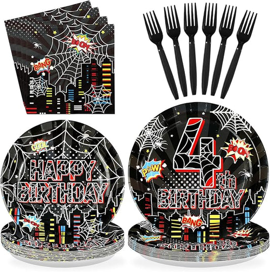 96 Pcs Spider 4th Birthday Party Supplies Black Spider 4th Birthday Plates Disposable Cartoon Super Theme Hero Paper Tableware Set for Boys Kids Spider 4 Year Old Party Decorations Serves 24