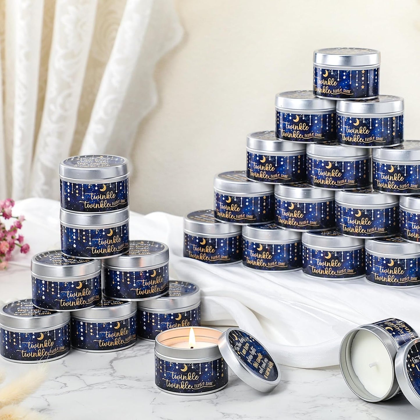 MTLEE 24 Pcs Twinkle Little Star Baby Shower Party Favors Candles Lavender Scented Baby Shower Favors for Guests Rustic Tealights Candles Gender Reveal Return Gifts Girl Boy(1.2 Oz, Blue)