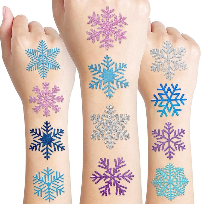 96 PCS Blue Snowflake Pre-Cut Temporary Tattoos Sticker Winter Birthday Christmas Party Decorations Decor Supplies Favors Gifts for Girls Boys Baby Showers Cute Fake Tattoos Classroom Reward Themed