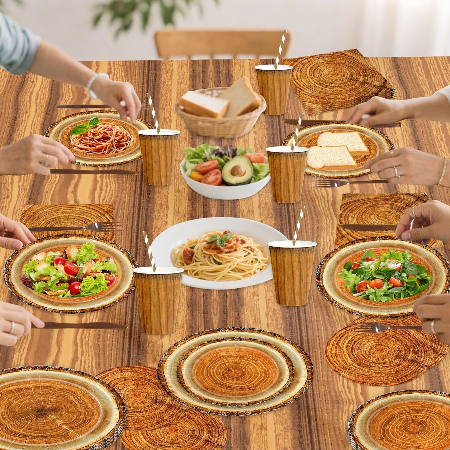 141pcs Camping Wood Grain Slice Party Decorations,Party setIncludes Dinner Plate Dessert Plate Paper Napkin Cup Knife Fork Straws Tablecloth Fire Camping Woodland Animal Lumberjack Supplies set