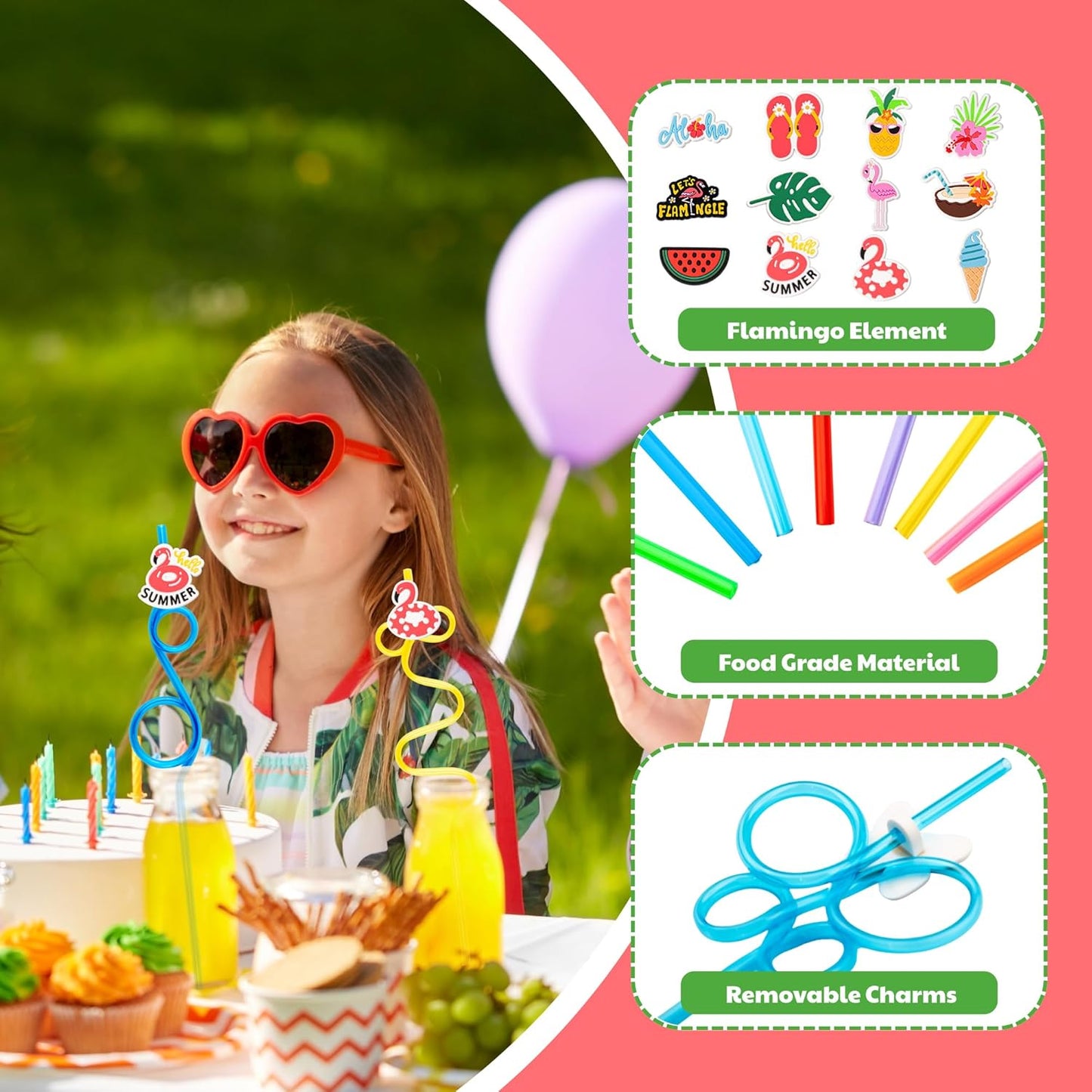 24 PCS Summer Flamingo Drinking Crazy Straws for Kids Summer Themed Flamingo Birthday Party Supplies Favors Decorations with 24 PVC Charm, 2 Cleaning Brushes Reusable Straw