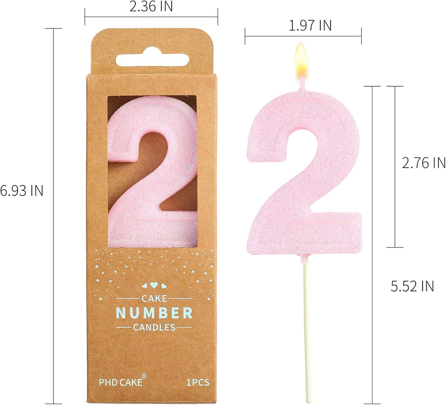 PHD CAKE 2.76 Inch Luxe Pink Glitter 2 Number Birthday Candles, Pink Number Candles, Cake Number Candles, Party Celebration