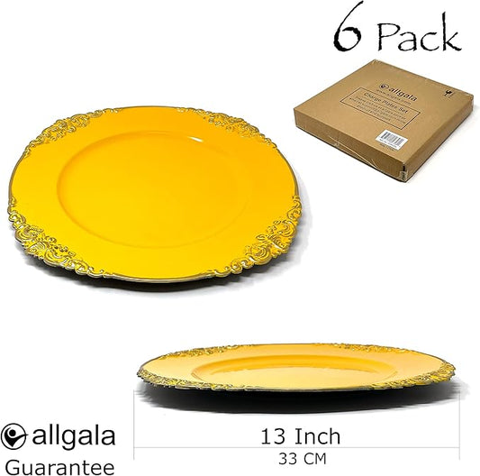 allgala Heavy Quality Round Charger Plates - Chargers for Dinner Plates - Set of Charger Plates for Table Decor - Ideal for Weddings, Thanksgiving Parties & Holidays - Floral Yellow (13-Inch 6-Pack)