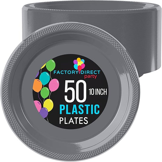 Exquisite Party Solids Silver Plastic Plates For Party Supplies 10" Silver Disposable Plates Heavy Duty 50 Pcs Plastic Dinnerware Sets Heavy Duty 350 GSM Disposable Dinnerware Set