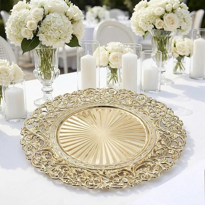 13inch Round Gold Charger Plates,Plastic Plate Chargers Set of 8,Chargers for Dinner Plates,Gold Plates for Wedding,Party,Event Decoration
