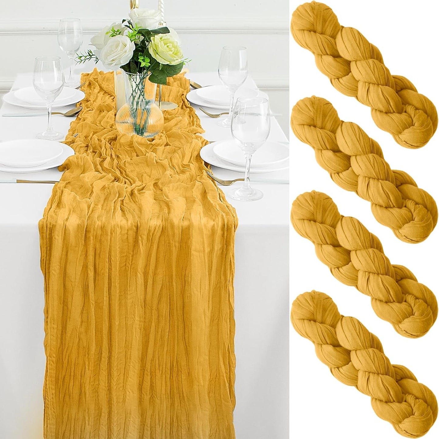 4Pack Gold Table Runner 10FT Cheesecloth Table Runner 35x120Inch Long Boho Cheese Cloth Table Runners Rustic Gauze Fall Table Runners for Party Wedding Bridal Shower Baby Shower Decorations