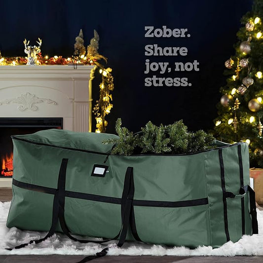ZOBER Wide Christmas Tree Storage Bag - Maximum Accessibility - Fits 9 Ft Trees - 600D Oxford Fabric Christmas Tree Bag For Storage Box For Xmas - Strong, Durable Straps & Handles - Card Slot - Green