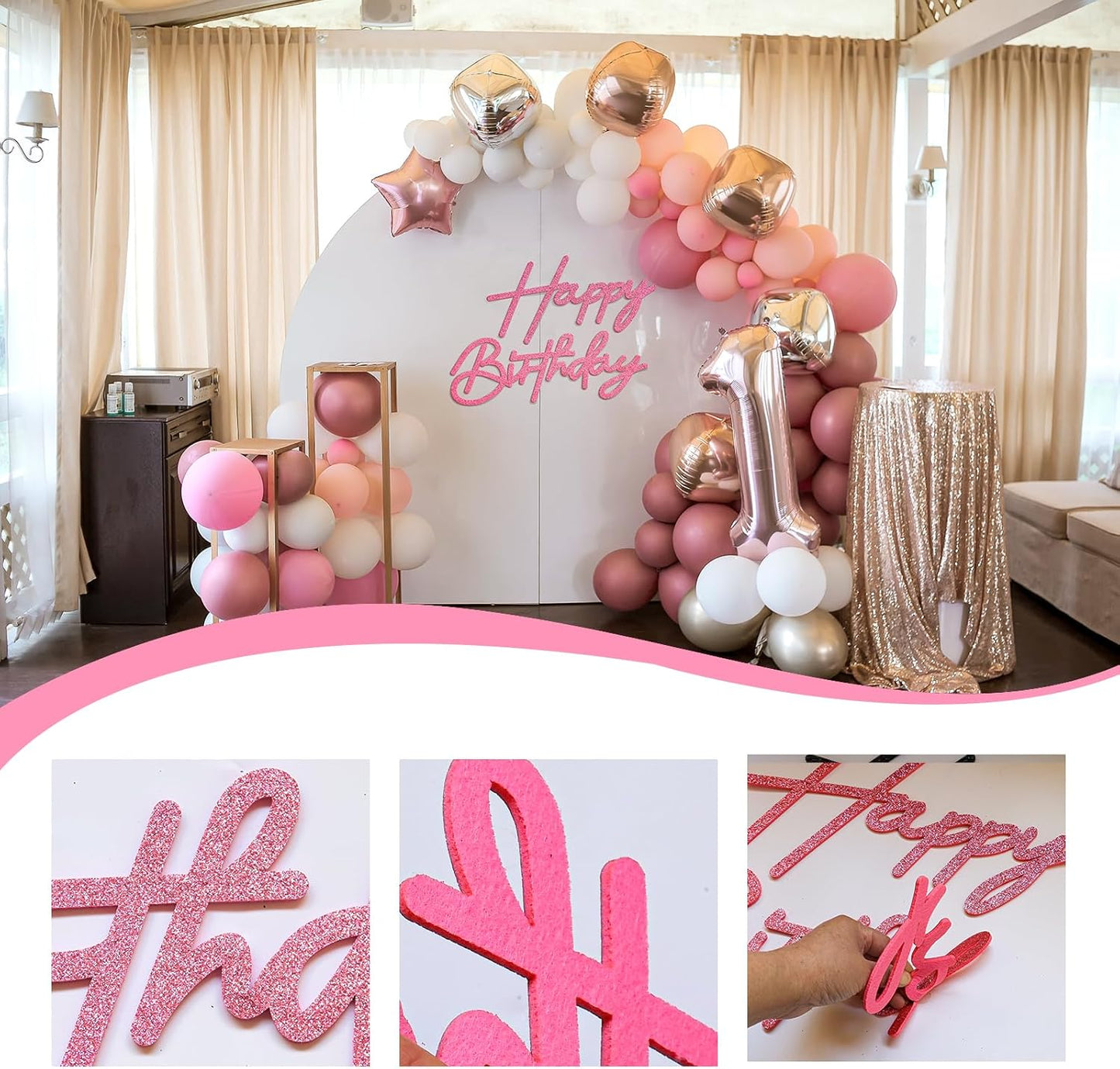 Glitter Pink Happy Birthday Sign for Backdrop - Felt Glitter Letters for Birthday Party Balloon Arch Party Baby Shower, Reusable Large Happy Birthday Decorations Party Letters Sign for Women
