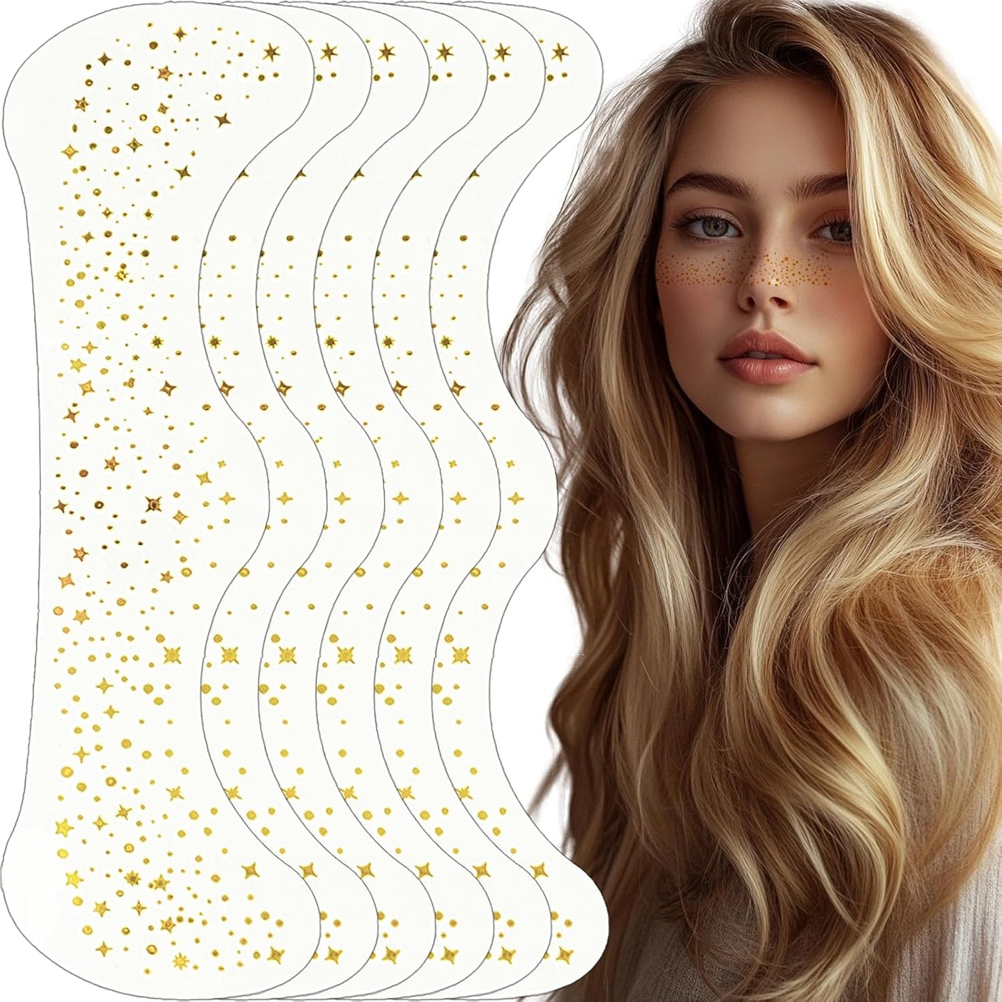 6Pcs Glitter Freckle Face Tattoo for Festival Makeup, Gold Star Waterproof Self Adhesive Spots Stickers, Sparkle Freckles Skin Decor Body Tattoos for Parties(Gold)