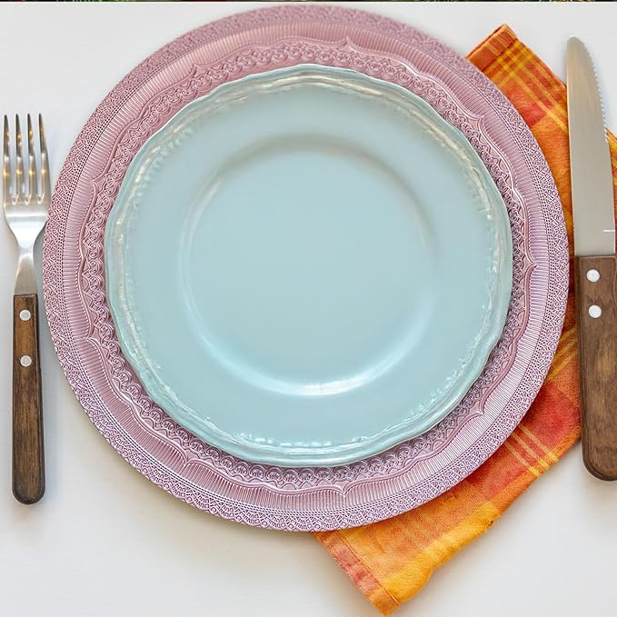 13" Foil-Pink Charger Plates, Lace Embossed Elegant Charger Plate Set of 6, Round Server Ware Chargers for Dinner Plate, Reusable Bulk Table Setting for Party or Event