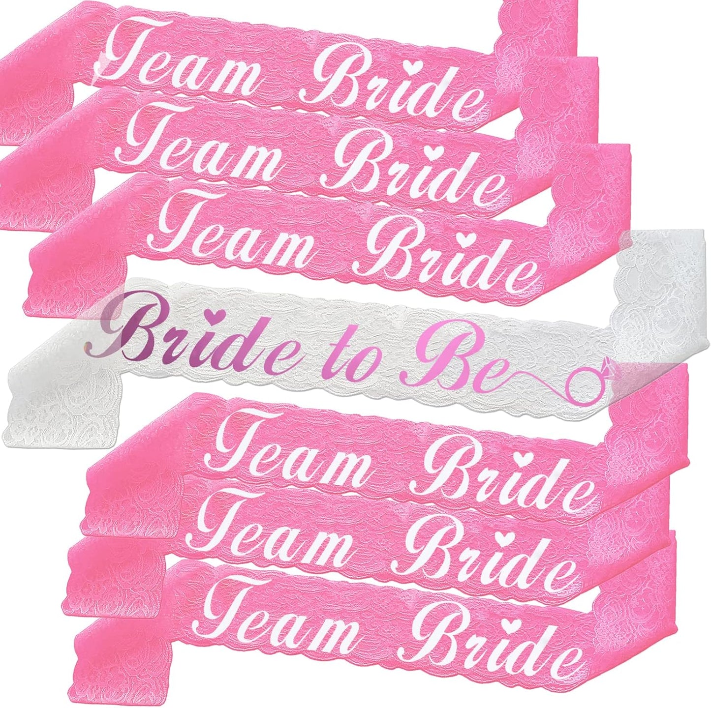 Team Bride Sash Set- 1 White Lace Bride to Be Sash and 6 Team Bride Sashes for Bachelorette Party Supplies