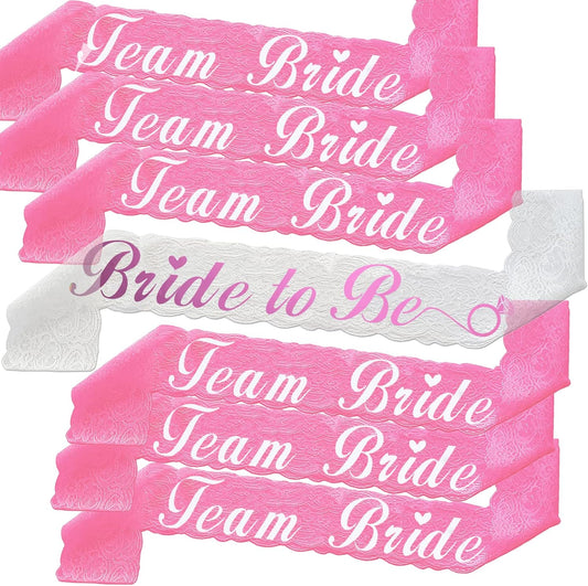 Team Bride Sash Set- 1 White Lace Bride to Be Sash and 6 Team Bride Sashes for Bachelorette Party Supplies