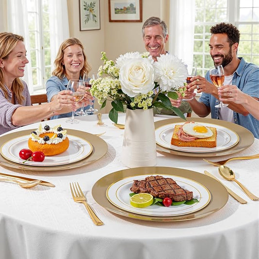 WDF 12Inch Plastic Charger Plates - 25Pack Gold Charge for Dinner - Disposable Gold Charge Plates - Perfect for Dinner/Wedding Party/Elegant Tabletop Decor