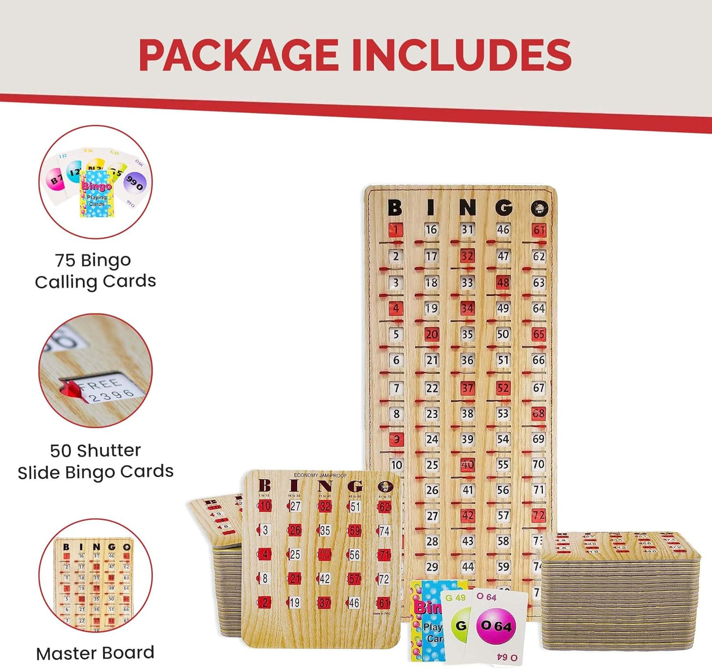 MR CHIPS Jam-Proof Bingo Cards with Sliding Windows, 50 Reusable Shutter Cards, 75 Calling Cards 1 Master Board in Tan Woodgrain Style