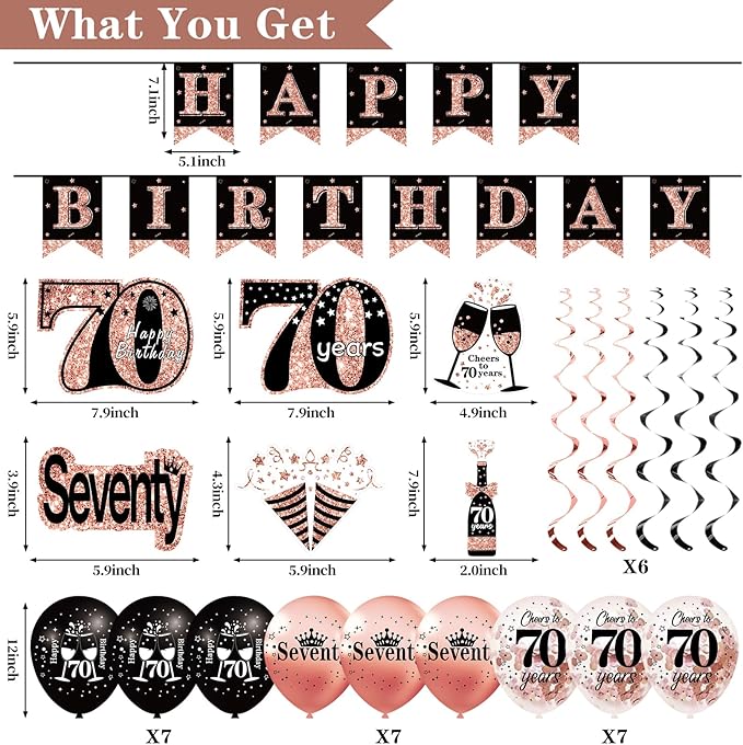 70th Birthday Decorations for Women: 33pcs Kit with Crown, Sash, Banner, Backdrop, Balloons, Swirls & Fans in Rose Gold & Black