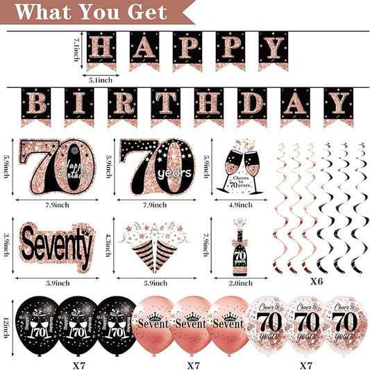 70th Birthday Decorations for Women: 33pcs Kit with Crown, Sash, Banner, Backdrop, Balloons, Swirls & Fans in Rose Gold & Black