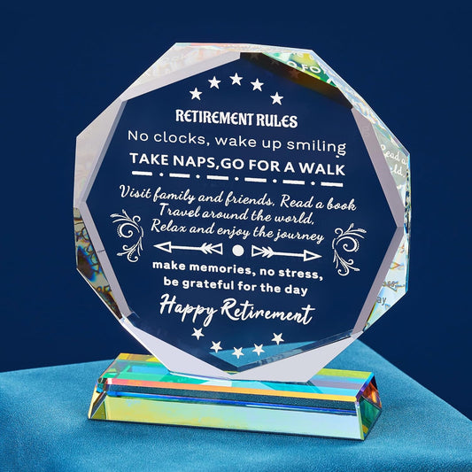 Retirement Decorations Inspirational Gifts for Men Women, 4.7Inch Retirement Rules Glass Plaque Party Decor for Coworkers, Boss, Employee, Teacher, Nurse, Woman, Man