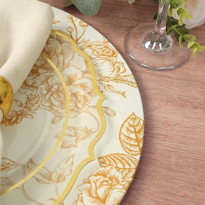 Efavormart 6 Pack White Gold Floral Acrylic Charger Plates in French Toile Pattern, Round Dinner Charger Event Tabletop Decor - 13"