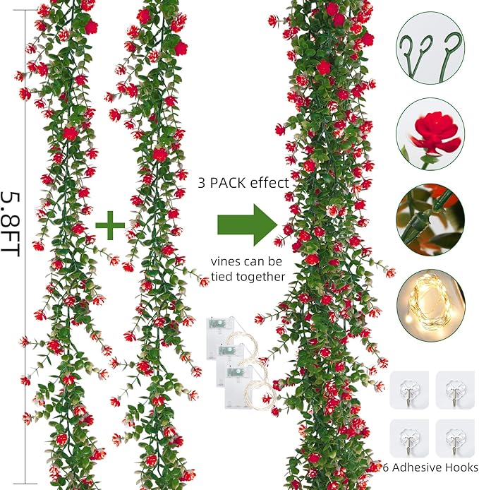 RECUTMS Artificial Leaves Garland with Flowers Fake Vines with Lights Spring Mantel Garland Fake Greenery Vines 5.8 Ft Lit Vine for Mantle for Wall Wedding Party Table Home Bedroom Decor(Red)